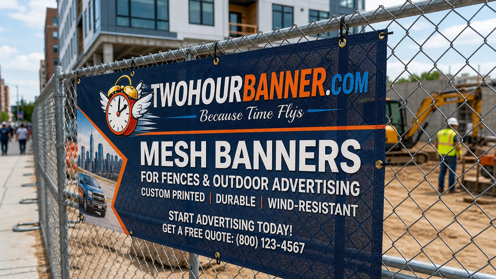 Custom mesh fence banner at construction site with TWOHOURBANNER.com branding