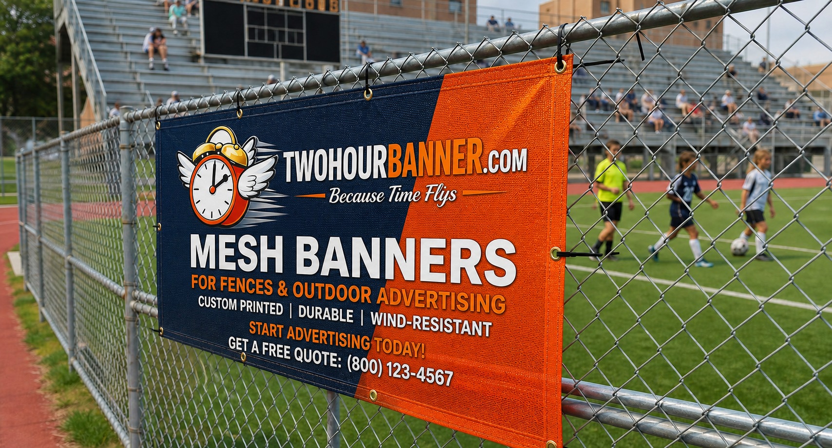 Custom mesh banner on soccer field chain link fence from TWOHOURBANNER.com