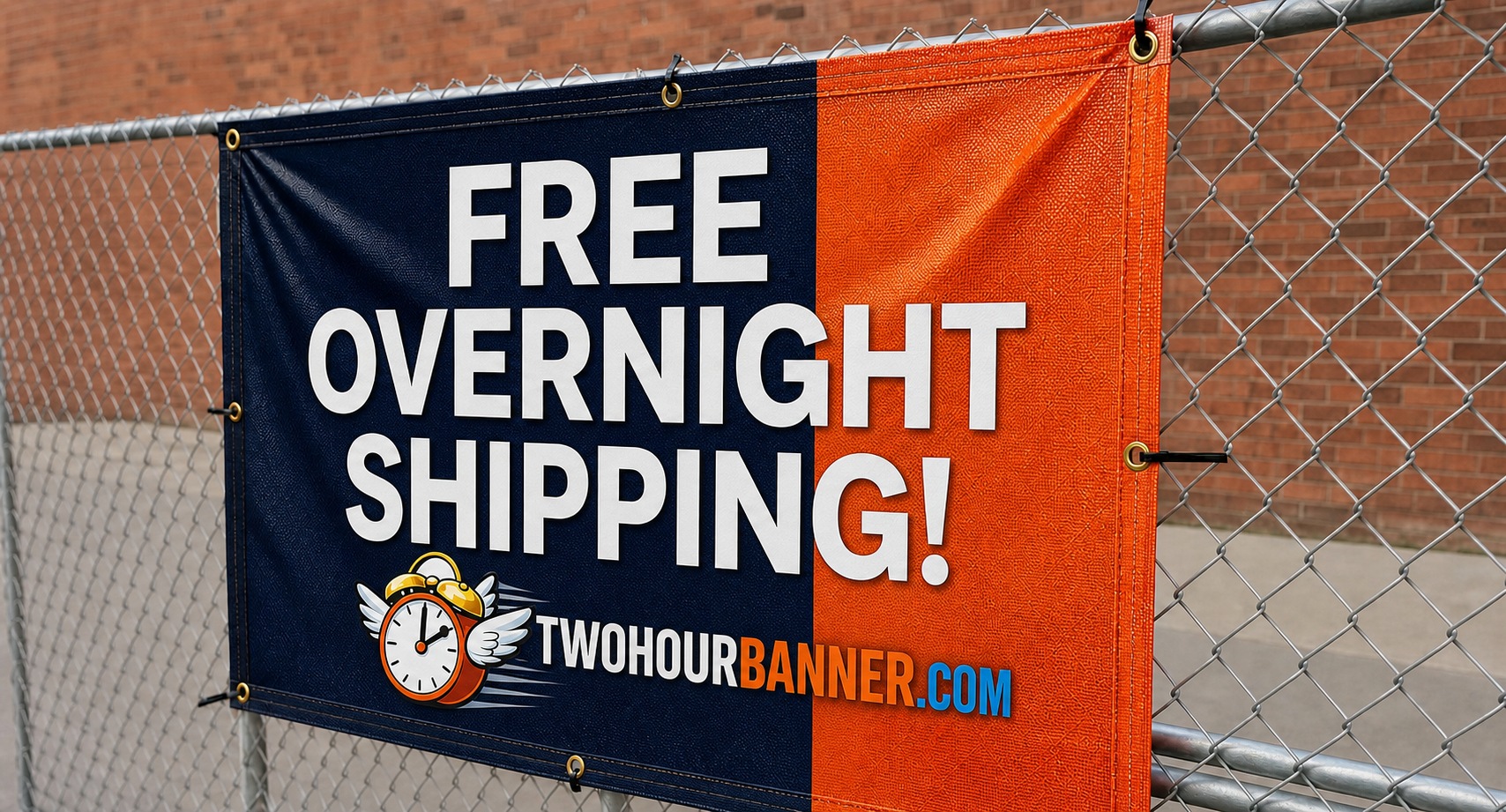 Mesh fence banner reading Free Overnight Shipping printed by TWOHOURBANNER.com