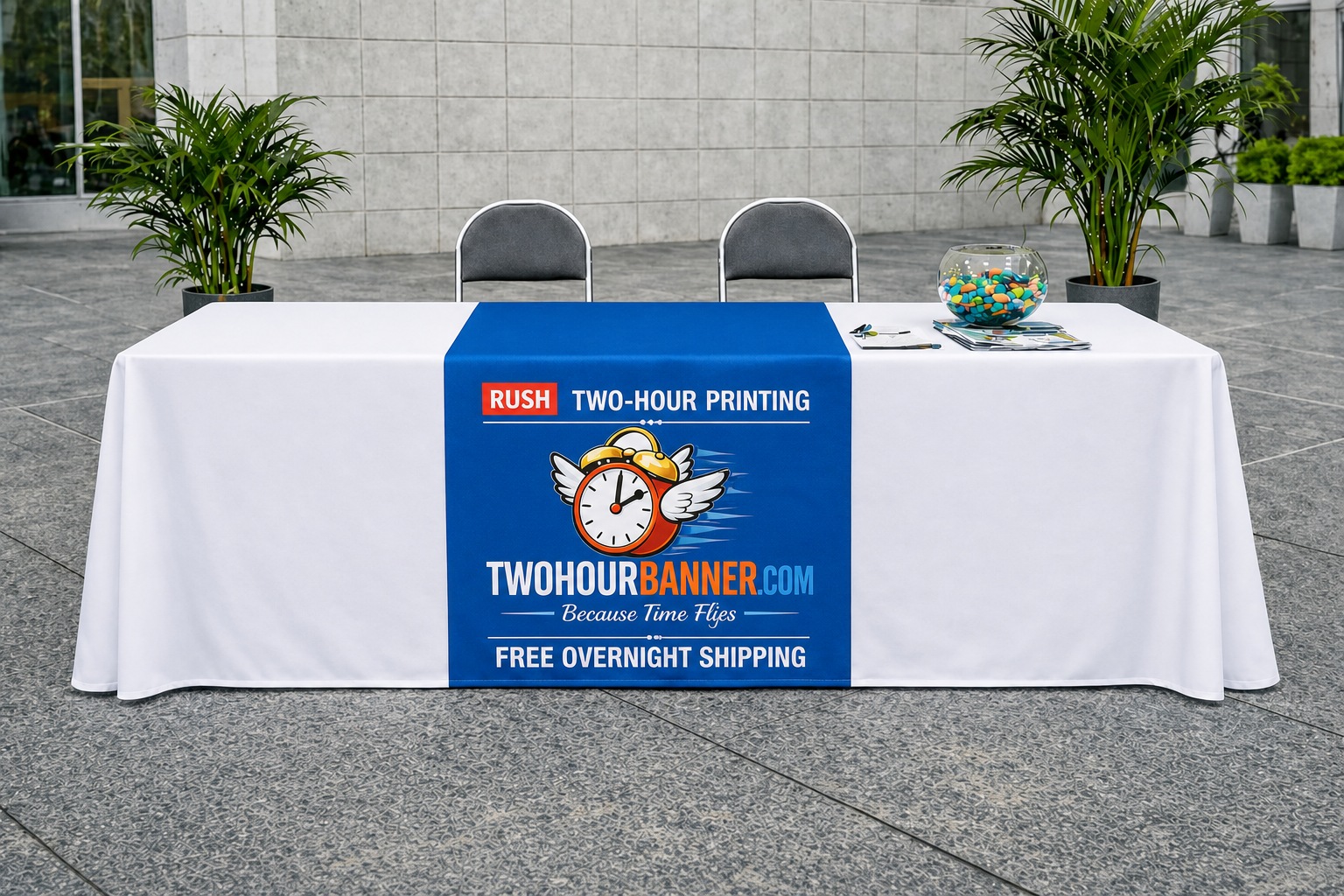 TwoHourBanner table runner — white tablecloth