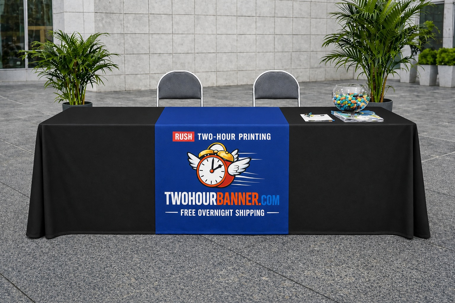 TwoHourBanner table runner — black tablecloth