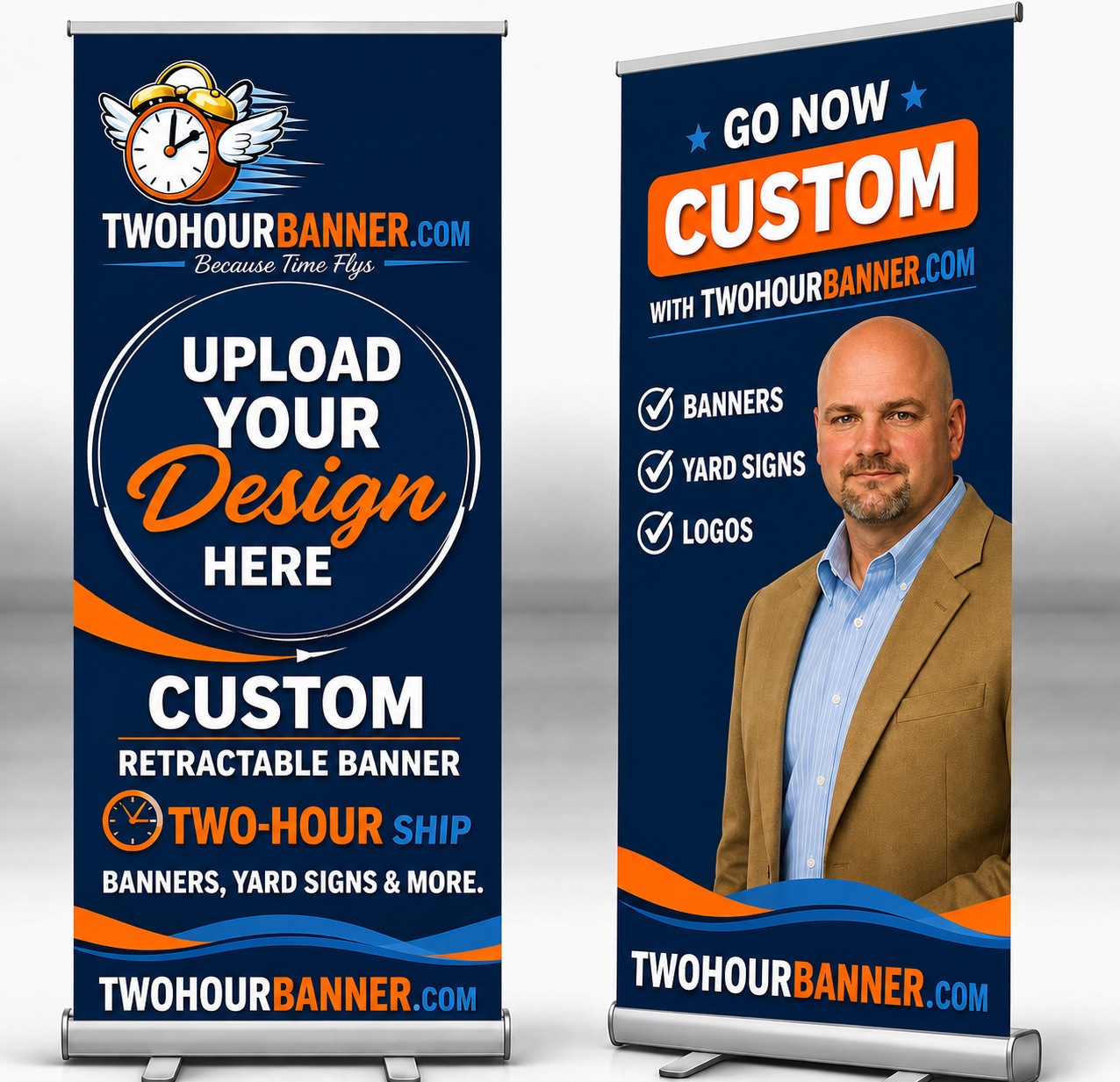 Custom pull-up banners printed same day by TwoHourBanner — 24hr shipping