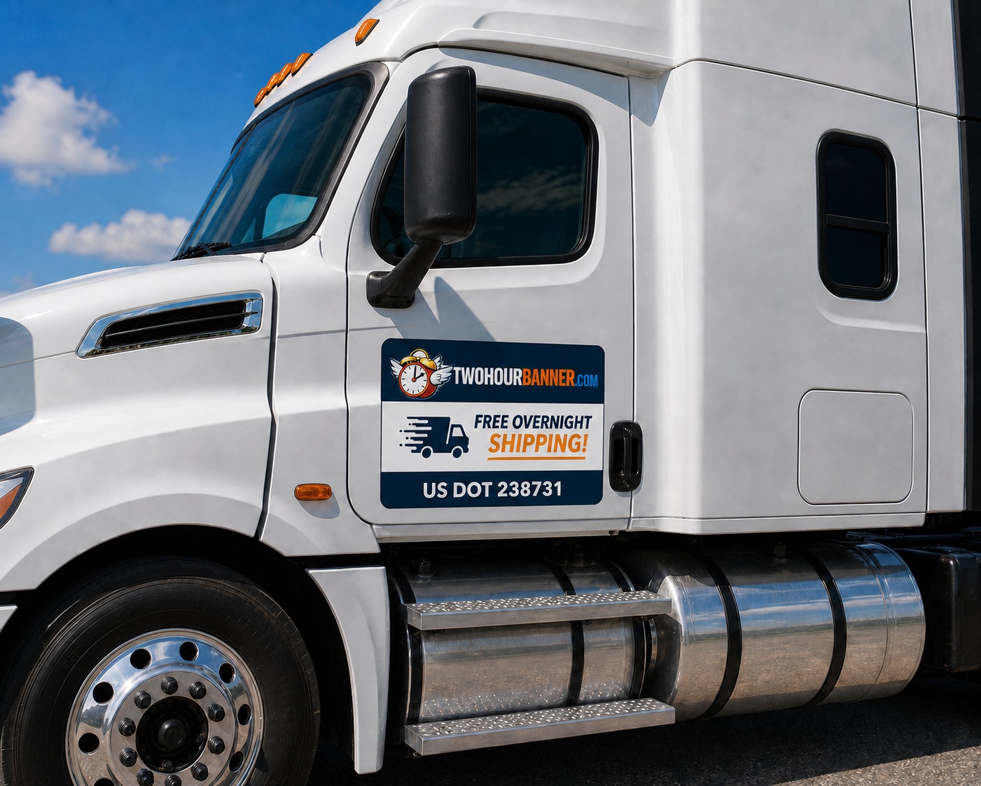 Custom semi truck door magnet printed by TwoHourBanner — free overnight shipping