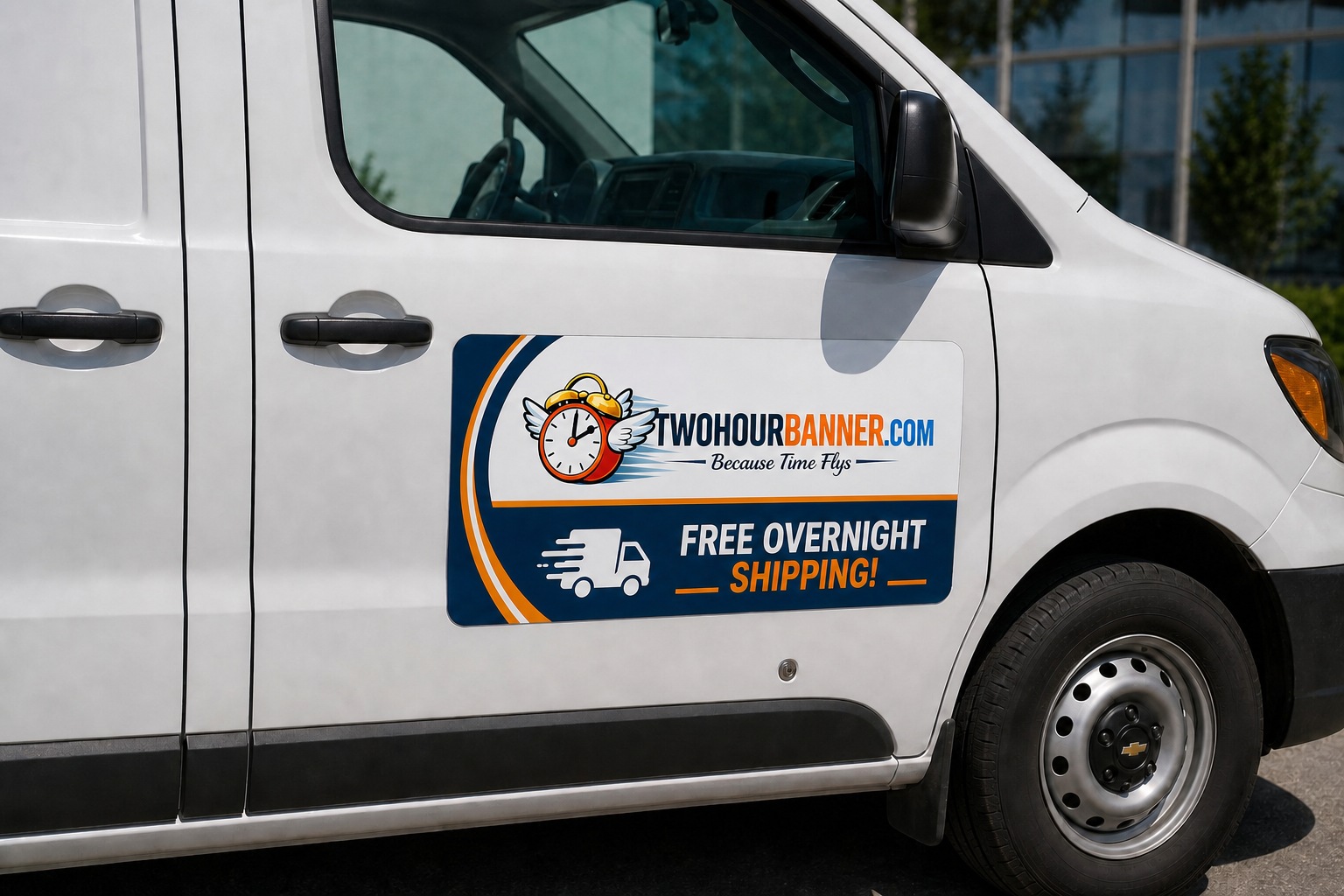 Custom van door magnet with TWOHOURBANNER.com branding — rush printing