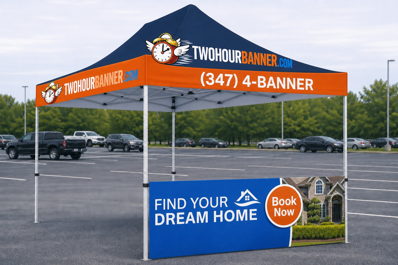 10x10 custom tent with orange and blue canopy printing TwoHourBanner
