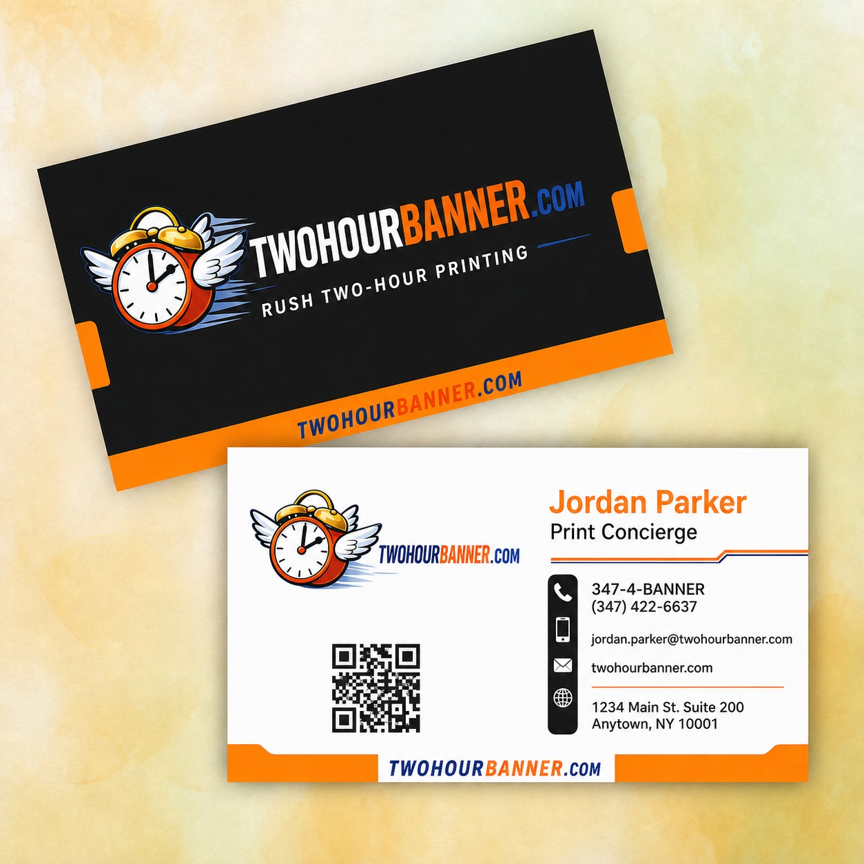 TwoHourBanner custom business cards with QR code — rush printing