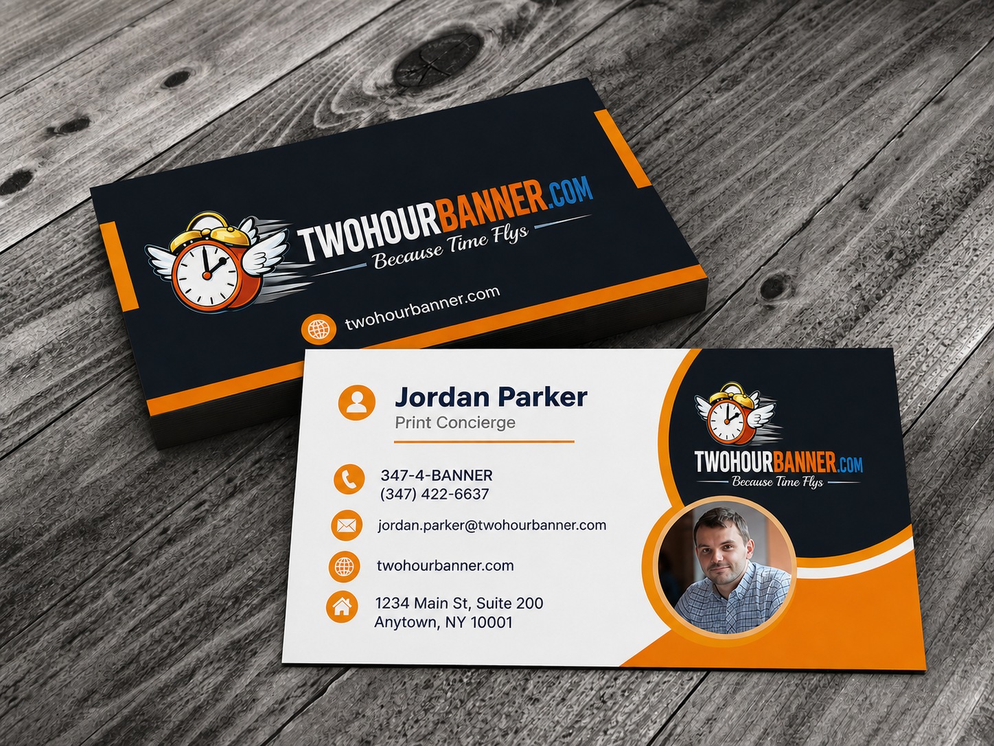 Custom full-color business cards with TWOHOURBANNER.com logo — same-day printing
