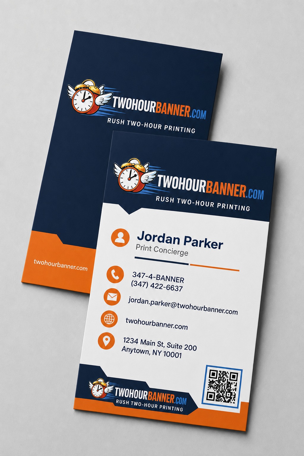 Custom vertical business cards with TWOHOURBANNER.com branding — 16pt cardstock