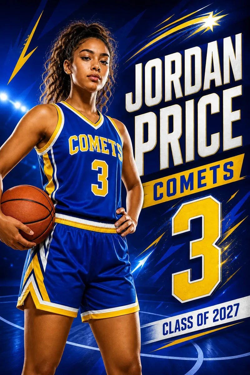 Basketball player banner with name and number