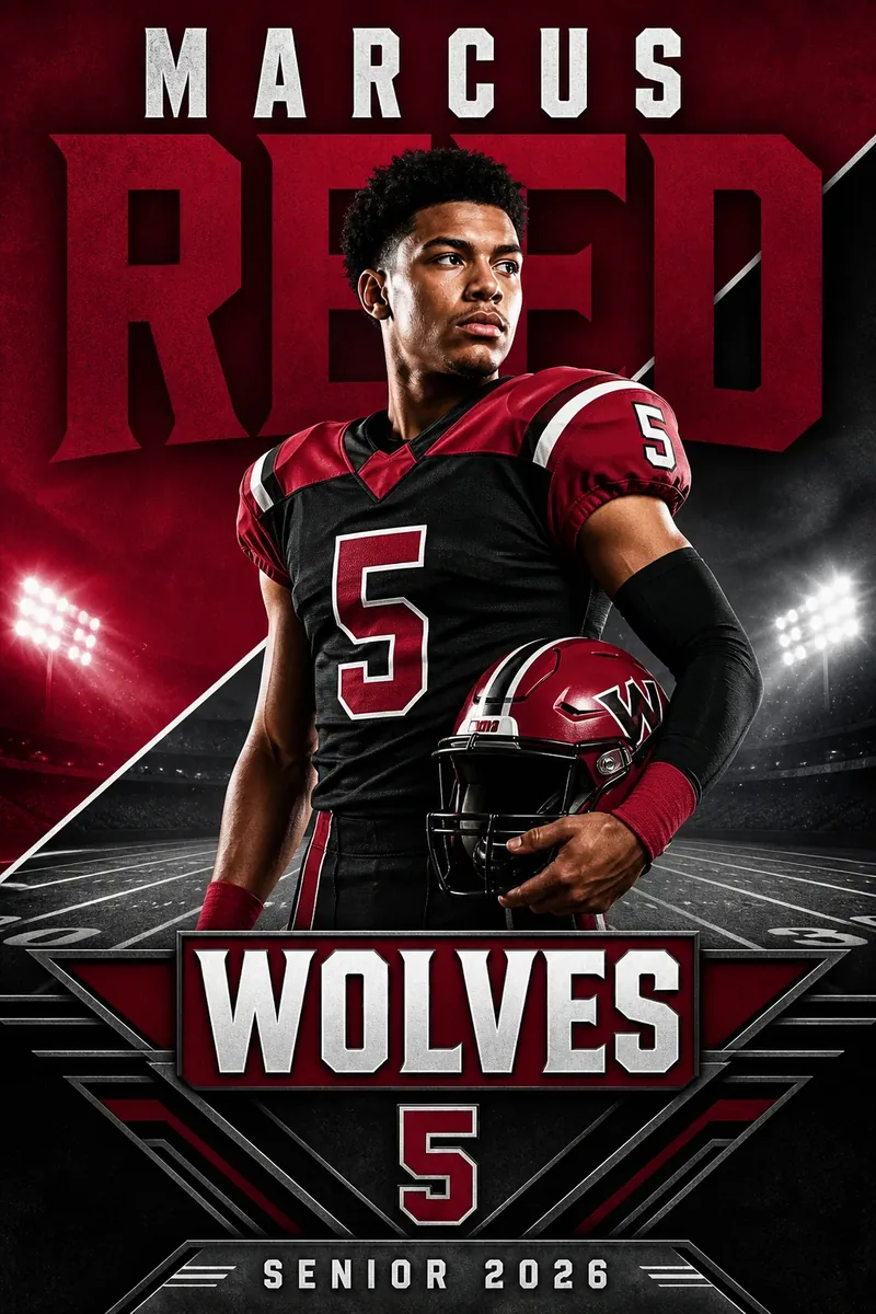 Football player banner with action photo, name and jersey number